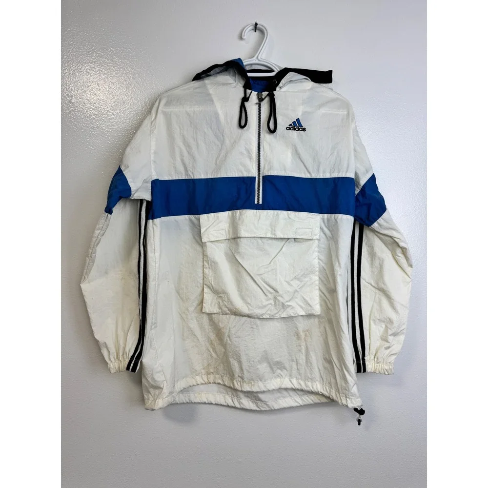 Vintage‎ Adidas Anorak Windbreaker Jacket Medium Tall White Blue Half Zip Hood